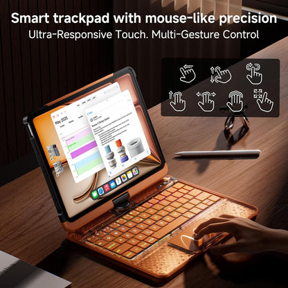 2026 New Y2K Orange iPad Magic Keyboard Case | 360° Rotatable Keyboard with 7-Color Backlight, Transparent Cover & Pencil Holder for iPad 2018-2026