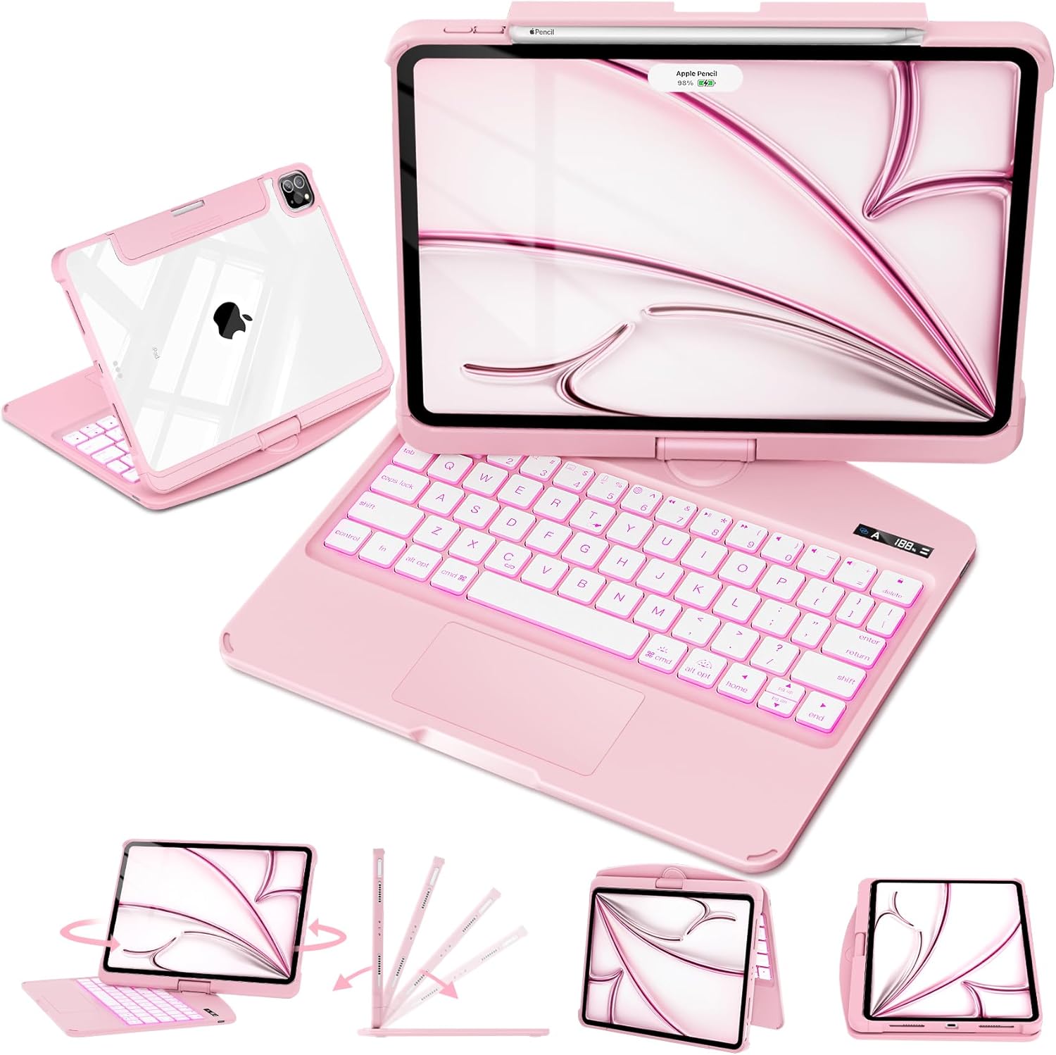 iFacemall Blush Pink Keyboard Case for iPad Pro 12.9-inch 6th/ 5th/ 4th/ 3rd Gen, Touch Case 360° Rotating with Keyboard for iPad 12.9 inch,Trackpad,7-Colors Backlit