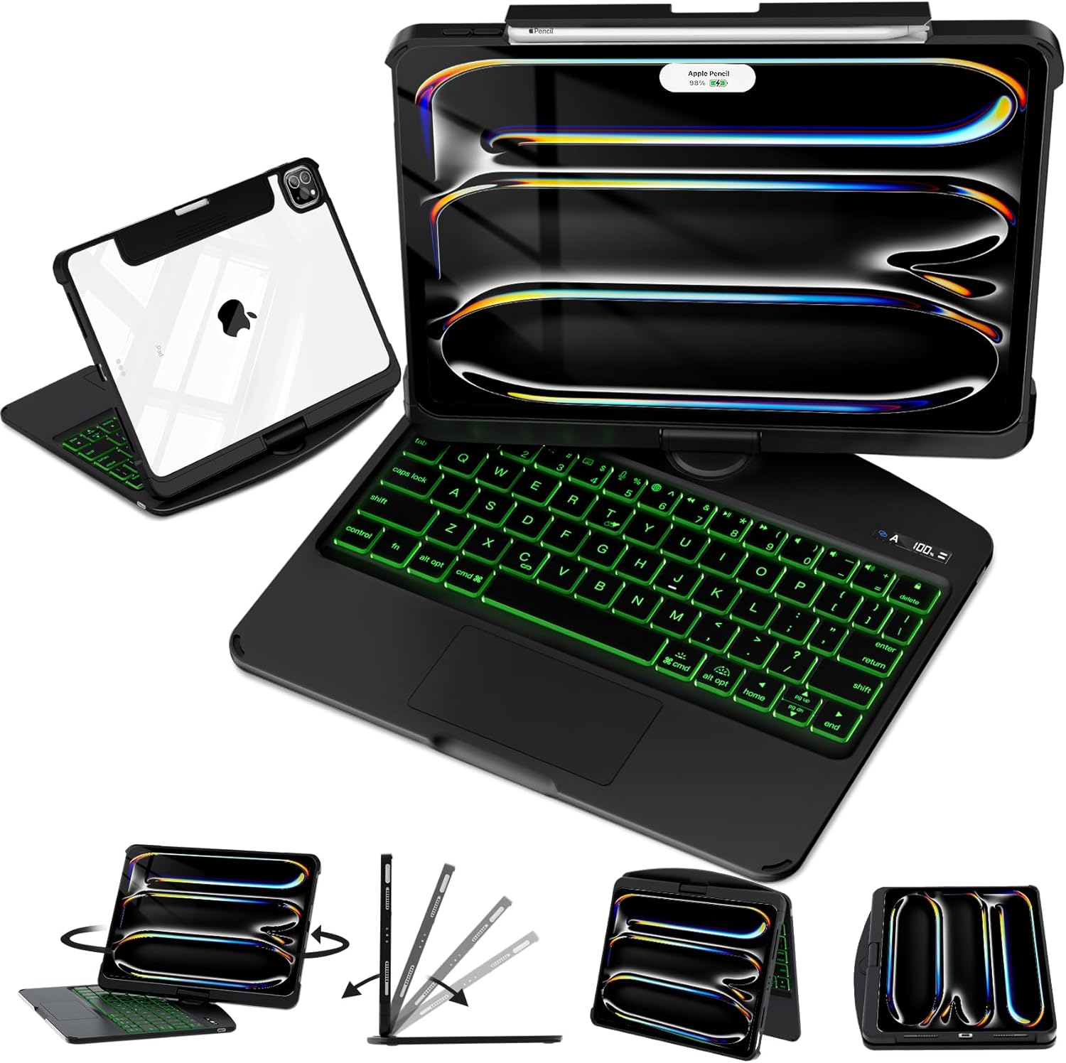 Timeless Black Keyboard Case for iPad Air 13-inch (M2, 2024), 360° Rotating Multi-Touch Trackpad, 7-Color Backlit Keyboard, Compatible with iPad Pro 12.9-inch (3rd/4th/5th/6th Gen)
