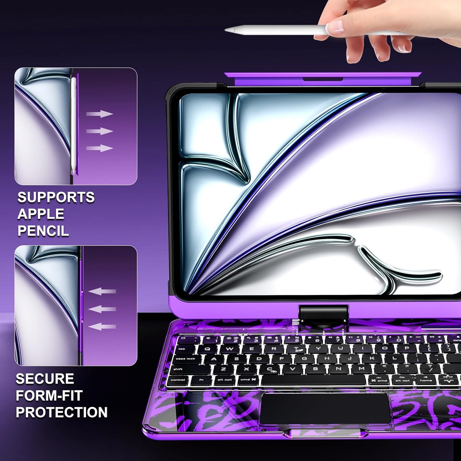Transparent Y2k Purple iPad Magic Case(M3/M22025/2024)& Air 5th/4th Gen-360° Rotating Multi-TouchTrackpad, RGB Backlit Keyboard, Transparent Back, PencilHolder, Type-C Charging