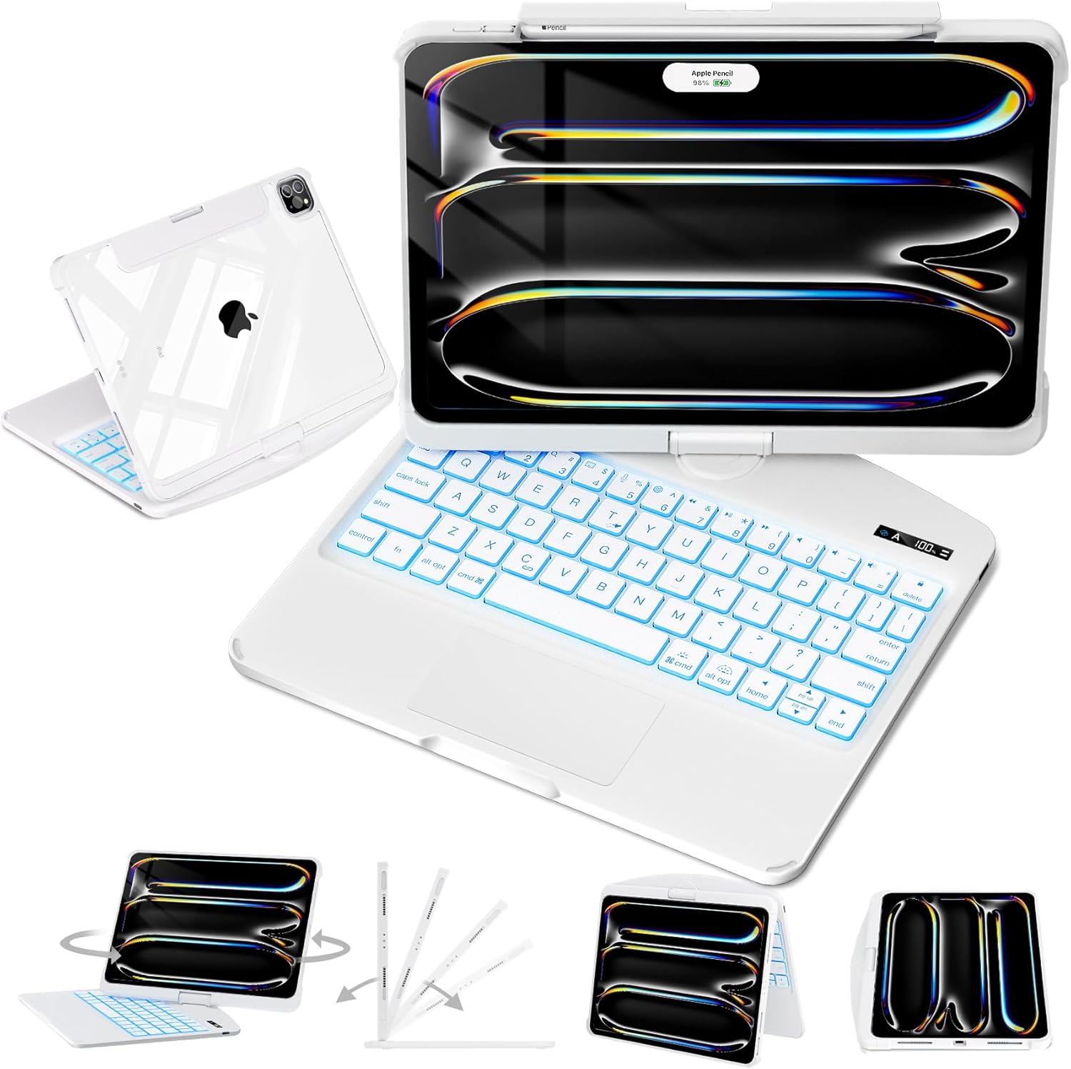 Snow White Keyboard Case for iPad Air 13-inch (M2, 2024), 360° Rotating Multi-Touch Trackpad, 7-Color Backlit Keyboard, Compatible with iPad Pro 12.9-inch (3rd/4th/5th/6th Gen)